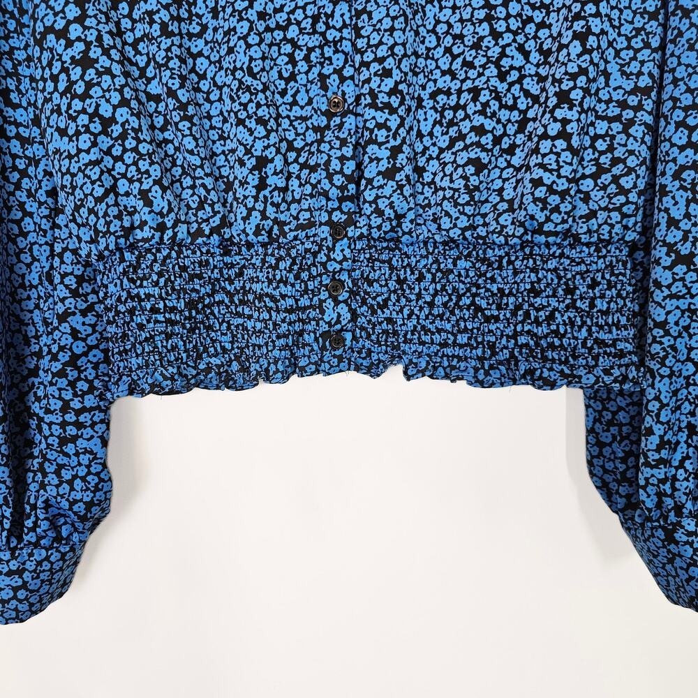 Who What Wear Blue Black Flower Ditsy Long Sleeve Blouse Collared Size Large - Picture 4 of 10